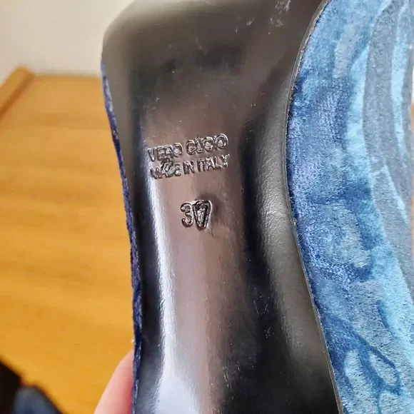 Antonia Sautter Collection Blue Velvet Damask Print Heels Shoes Handmade SZ 37 - Picture 8 of 12